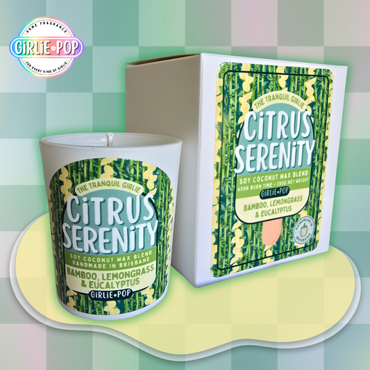 Citrus Serenity Tranquil Girlie aqua green coloured candle with bamboo eucalyptus and lemongrass fragrance, wellness candle Australia